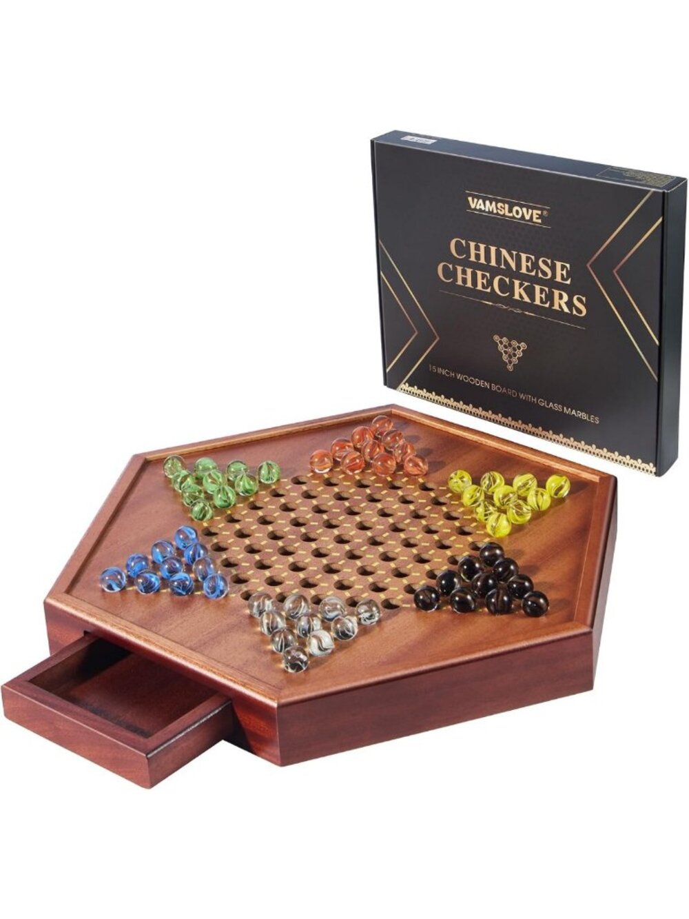 Large 15" Wooden Chinese Checkers Game Set with Colorful Glass Marbles & Storage
